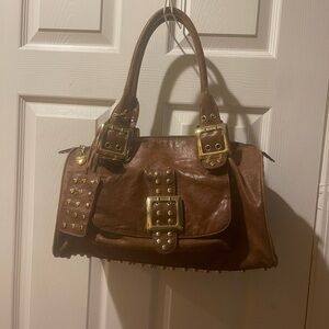 CMZ synthetic Brown gold Studded Satchel Handbag